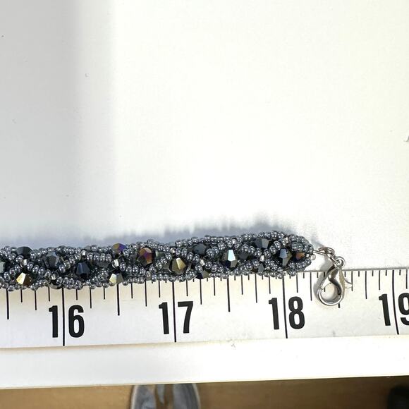 Black purple silver hand beaded necklace 12mm hand bezeled purple crystal 21" - Picture 5 of 8